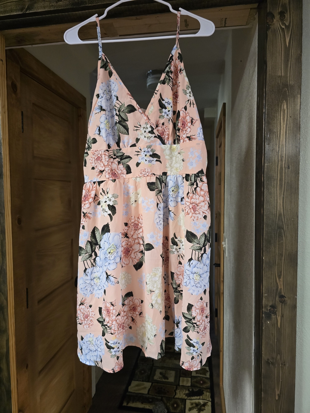 SHEIN Peach Floral Midi Dress with Blue & Cream Blooms
